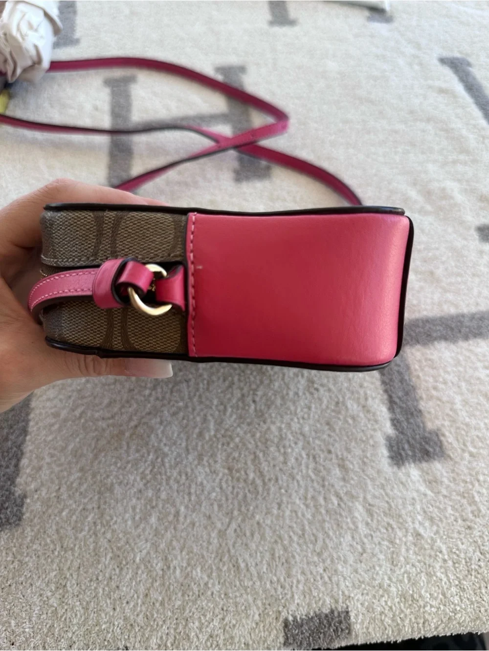 Coach Brown Signature Canvas Crossbody with Pink Trim